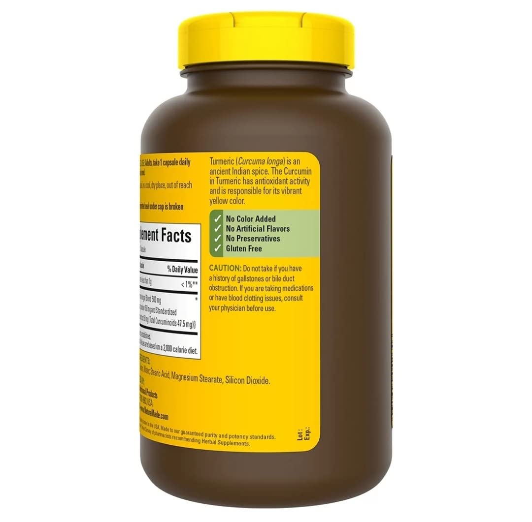 Nature Made Turmeric Curcumin 500 mg bottle with 180-count value size
