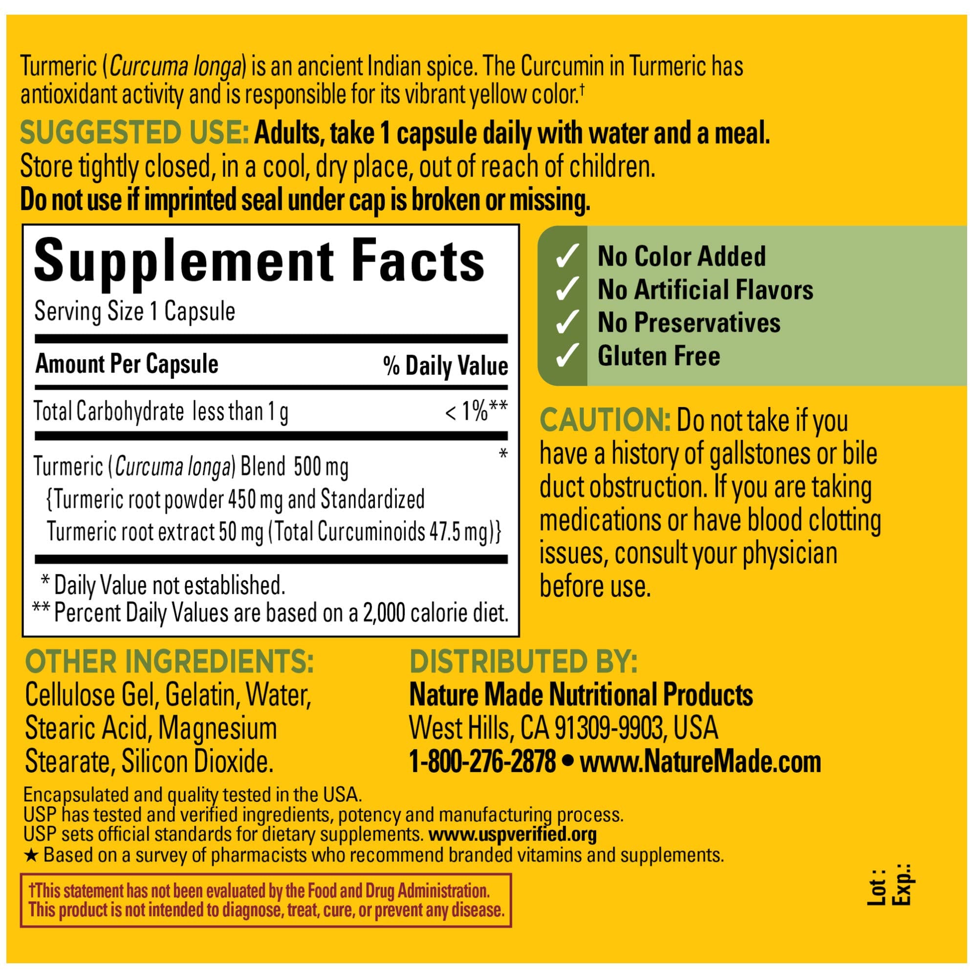 Nature Made Turmeric Curcumin 500 mg capsules in daylight showcasing golden hue.