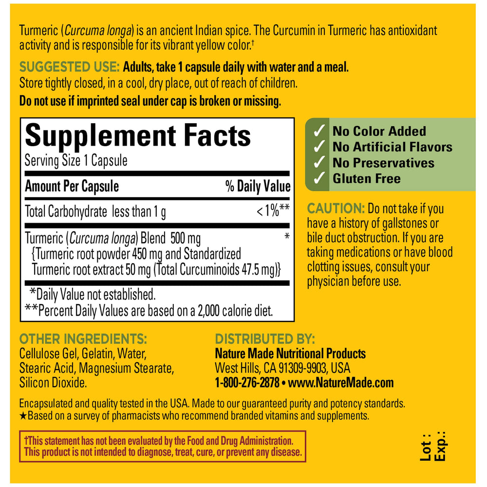 Nature Made Turmeric Curcumin 500 mg USA-made packaging photographed
