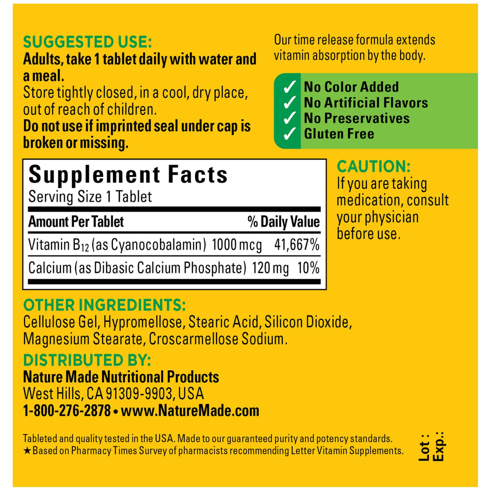 Vitamin B12 Time Release Tablet packaging showing daily use instruction
