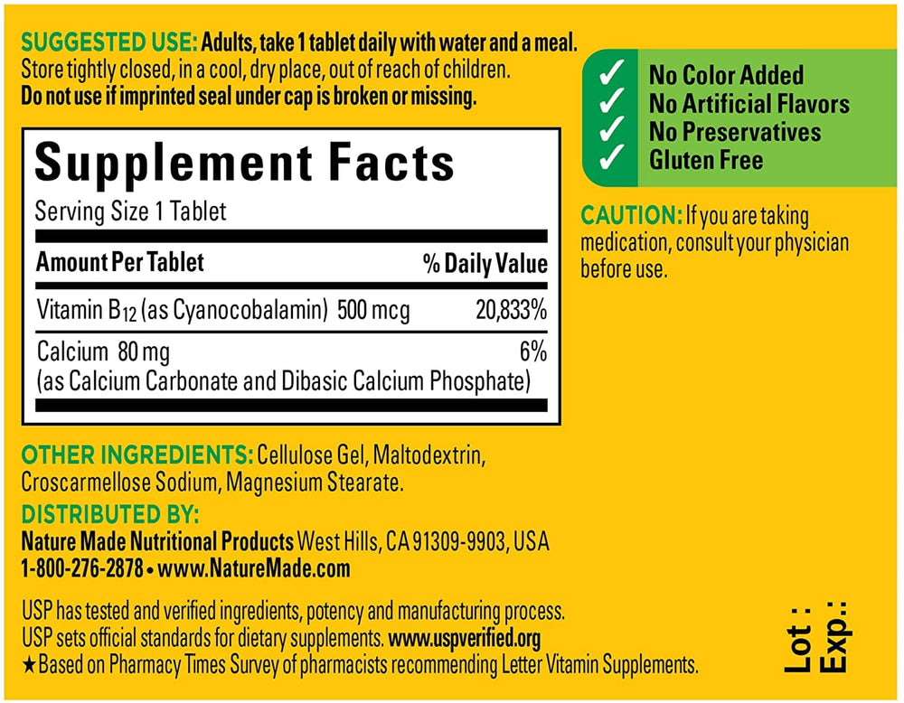 Nutrition facts label for Nature Made Vitamin B-12 500 mcg tablets