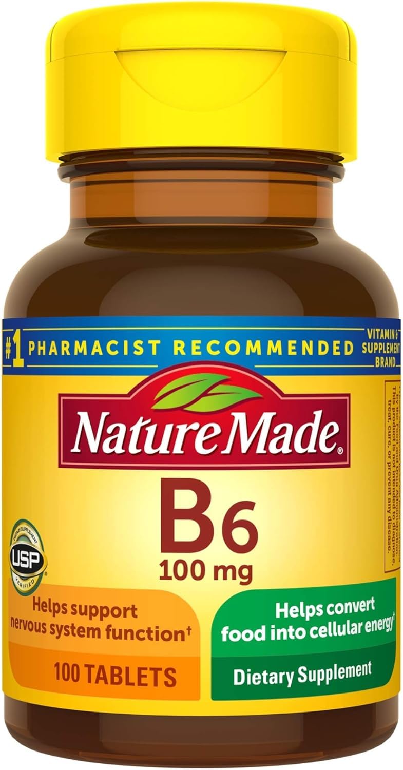 Bottle label for Nature Made Vitamin B-6 100 mg tablets