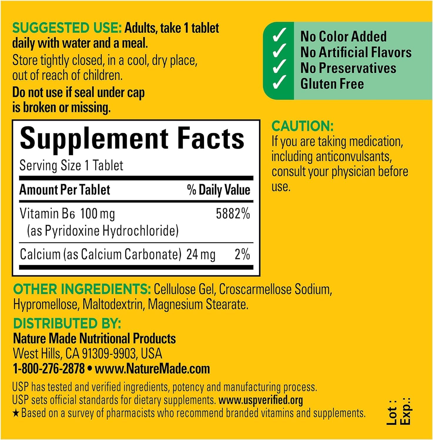 Close-up of Nature Made B-6 tablets