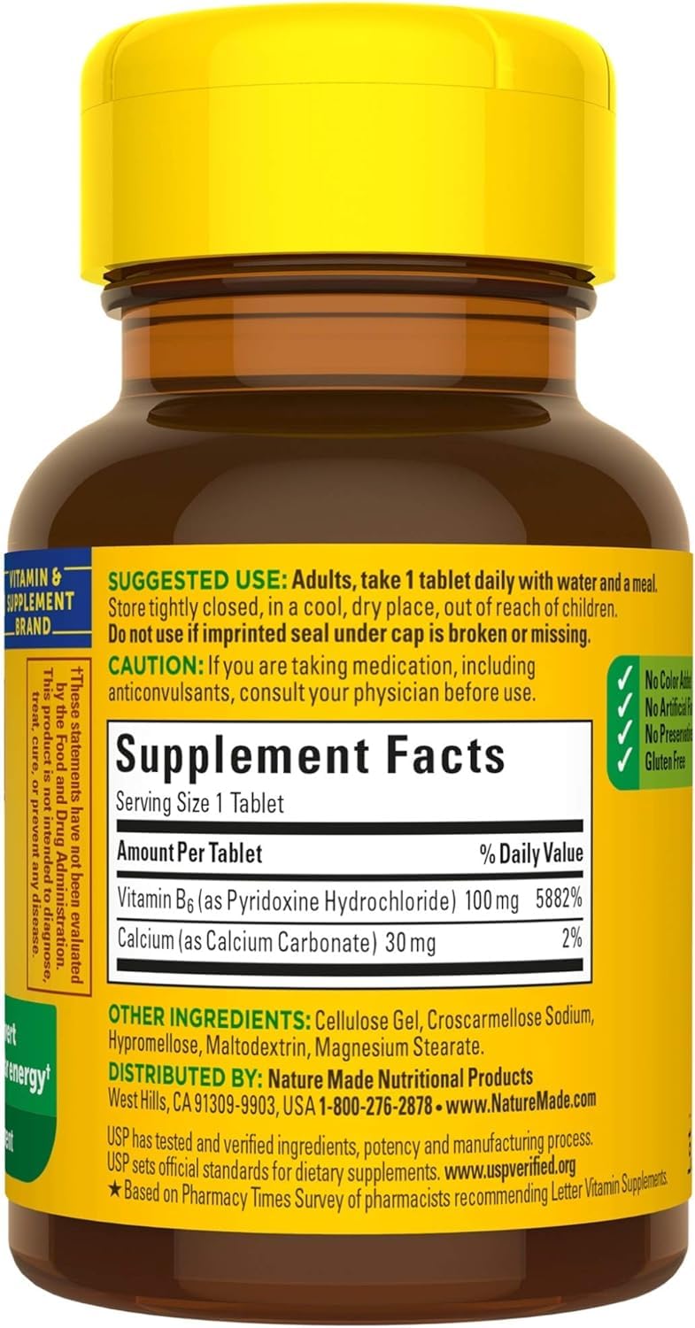 Supplement facts panel for Nature Made B-6 100 mg