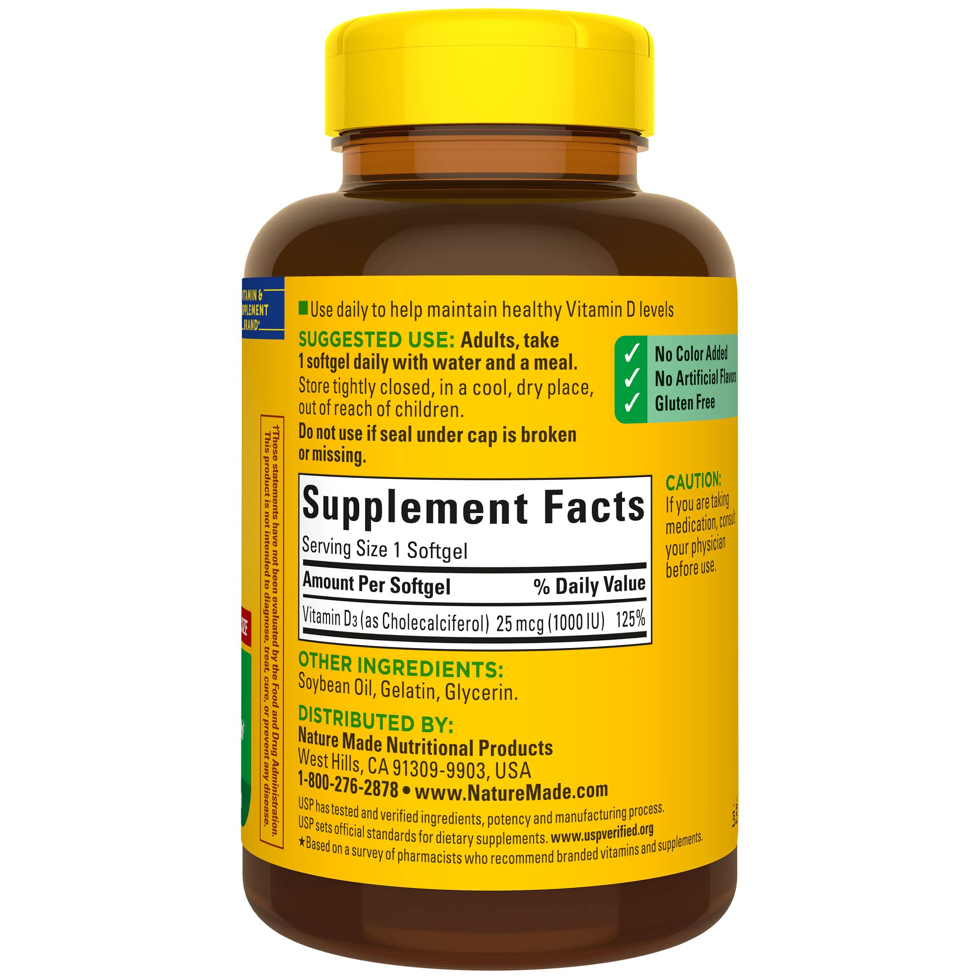 Nature Made Vitamin D3 softgels illustrating calcium absorption and immune support.