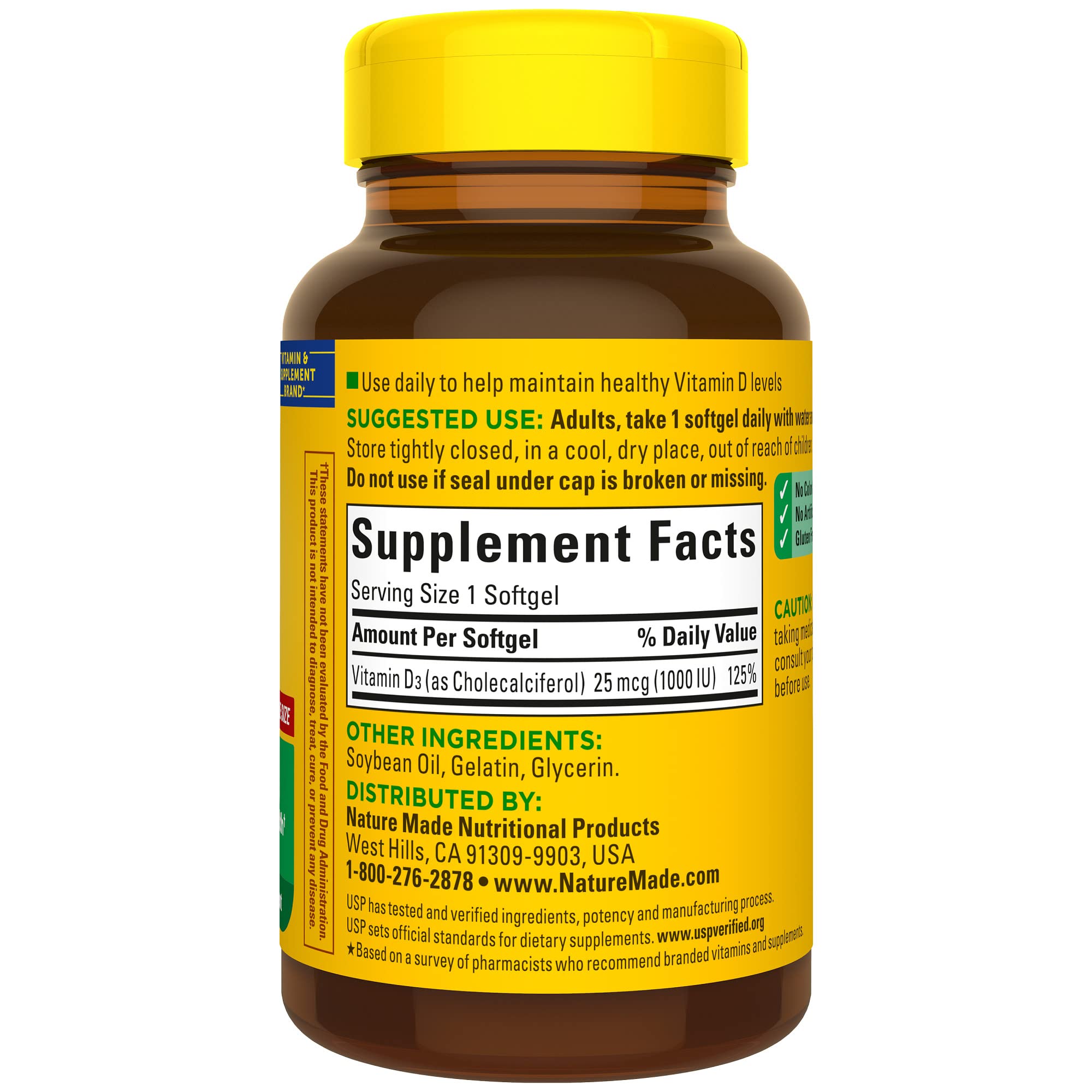 Nature Made Vitamin D3 1000 IU bottle on shelf for long-lasting supply.