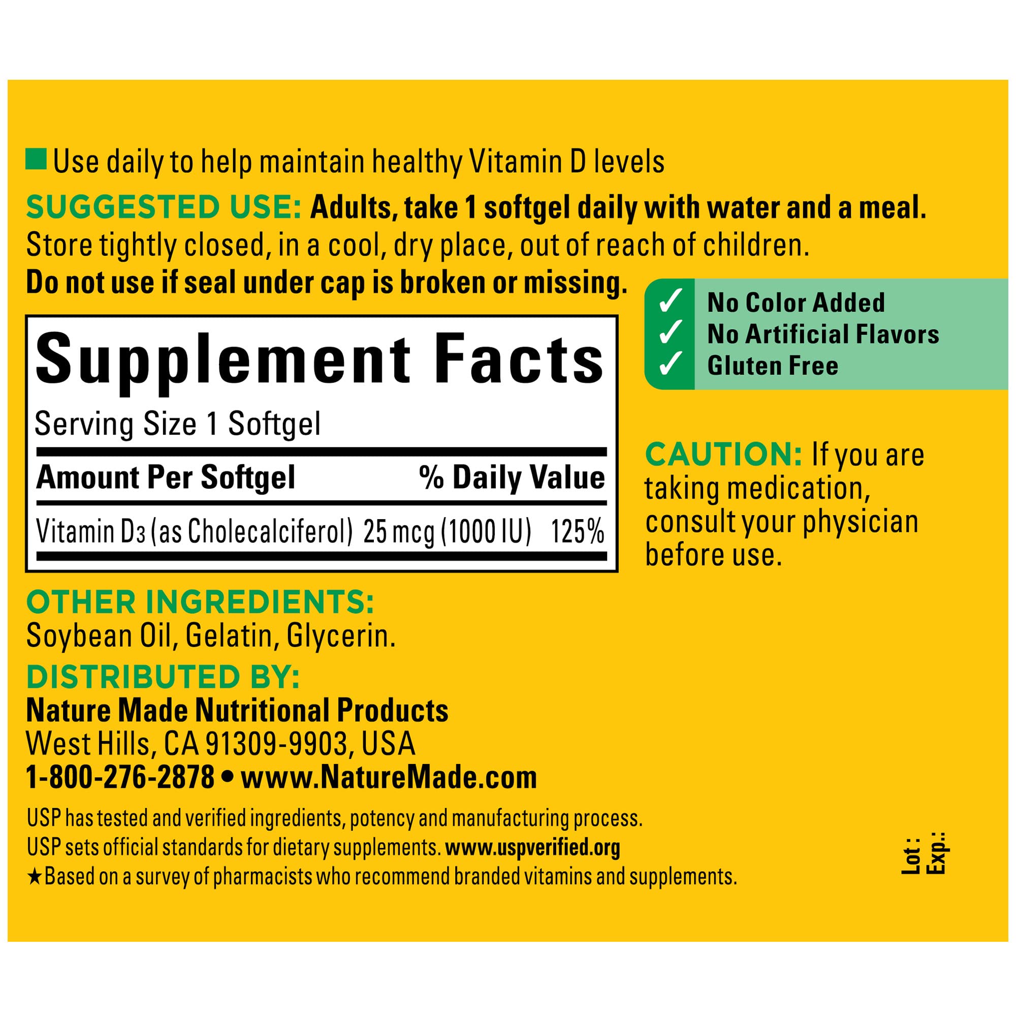 Softgels contain 1000 IU (25 mcg) of Vitamin D3