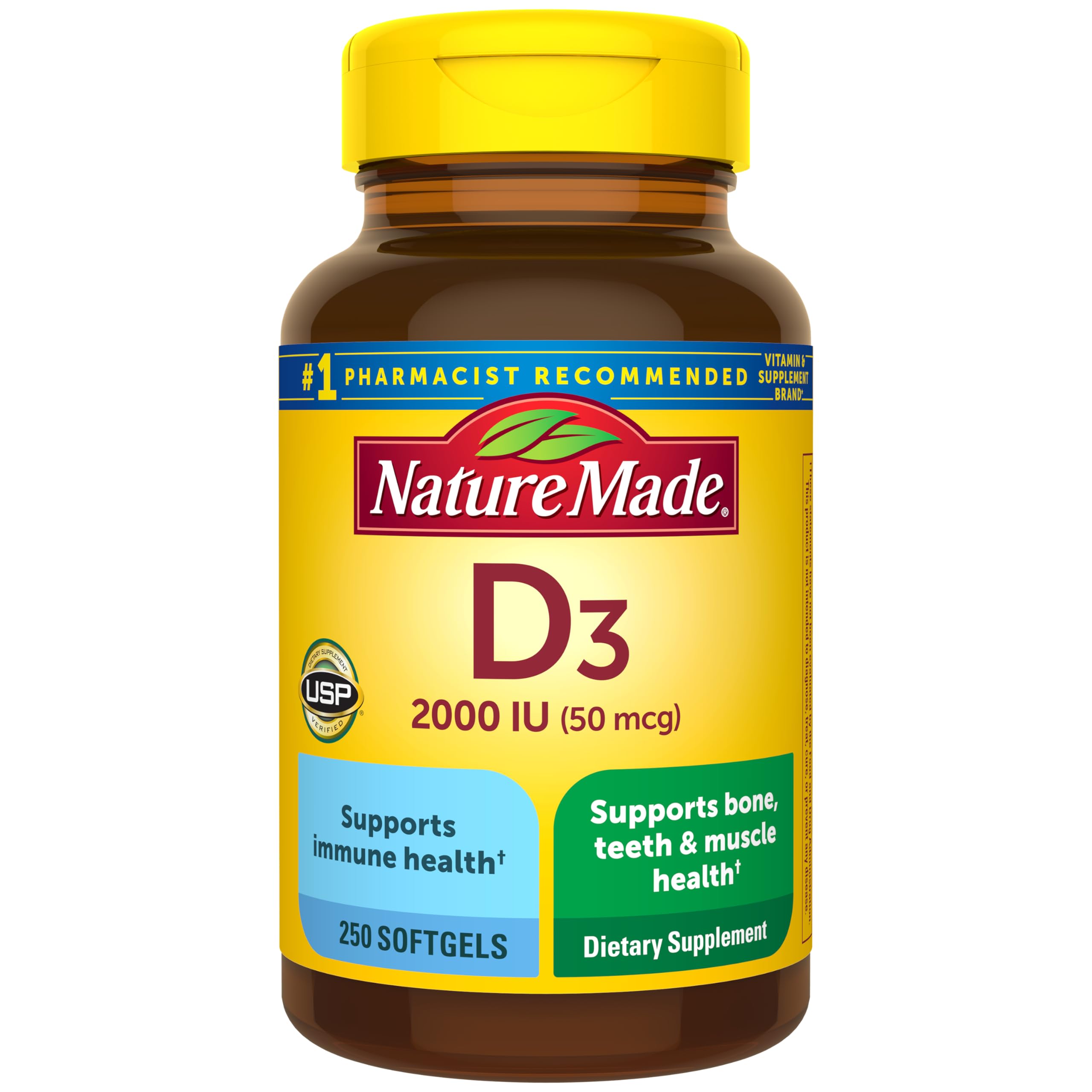 Bottle of Nature Made Vitamin D3 2000 IU (50 mcg) softgels, 250-count—gluten-free supplement for bone, teeth, muscle and immune support