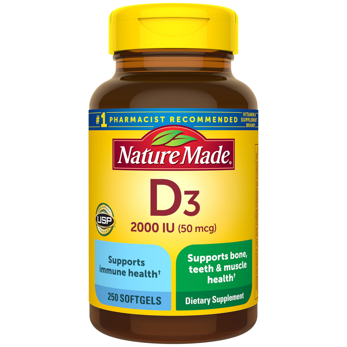Bottle of Nature Made Vitamin D3 2000 IU (50 mcg) softgels, 250-count—gluten-free supplement for bone, teeth, muscle and immune support