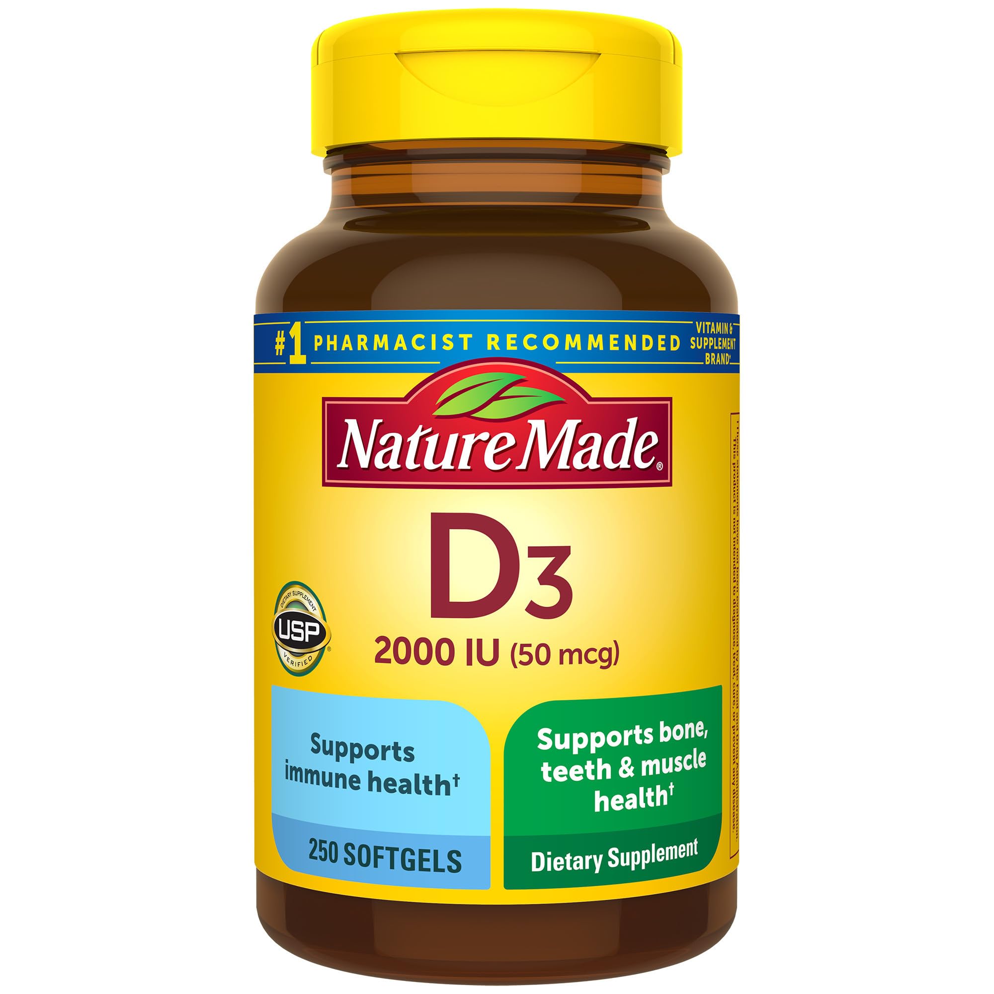Nature Made Vitamin D3 2000 IU softgels bottle front supports daily bone health