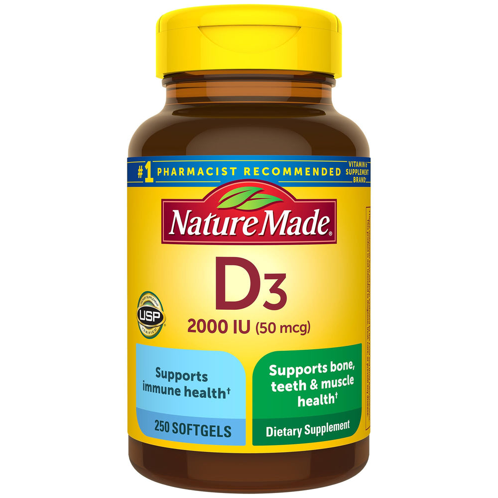 Nature Made Vitamin D3 2000 IU softgels bottle front supports daily bone health