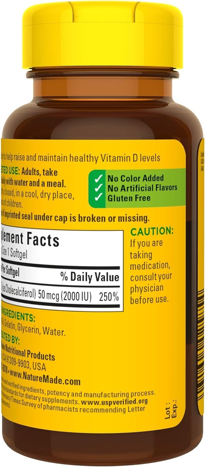 Nature Made Vitamin D3 2000 IU softgels gluten-free box highlights allergen-friendly option.