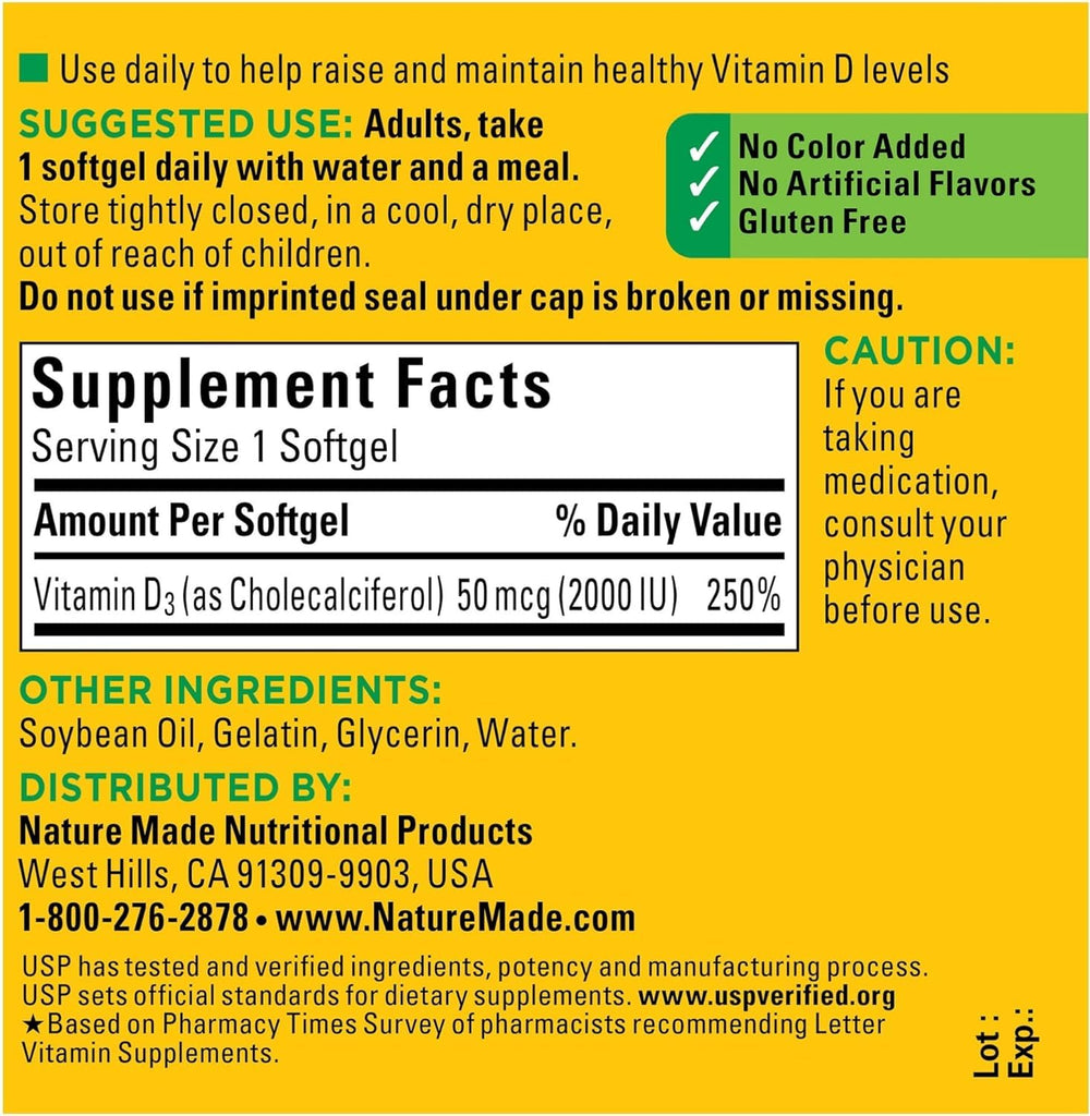 Nature Made Vitamin D3 2000 IU softgels label highlights USP verification and gluten-free formula.