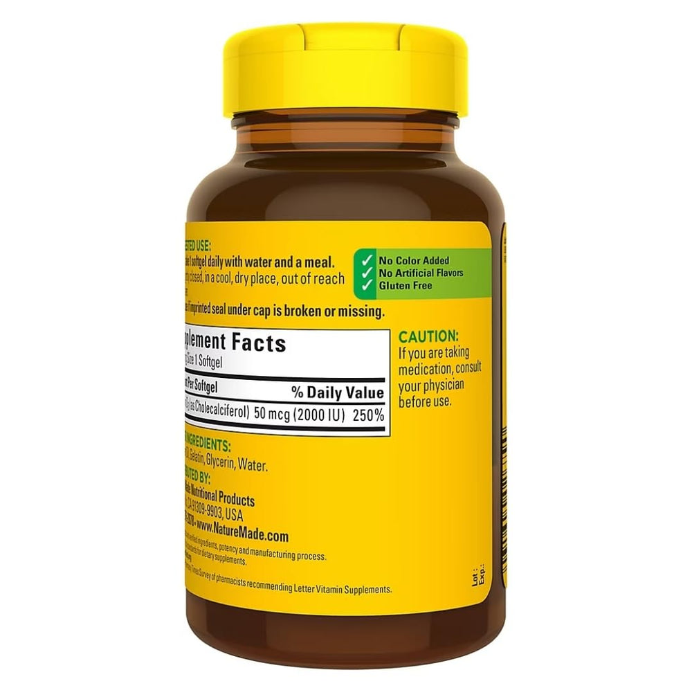 Nature Made Vitamin D3 2000 IU bottle label closeup highlights 320 count and daily use.