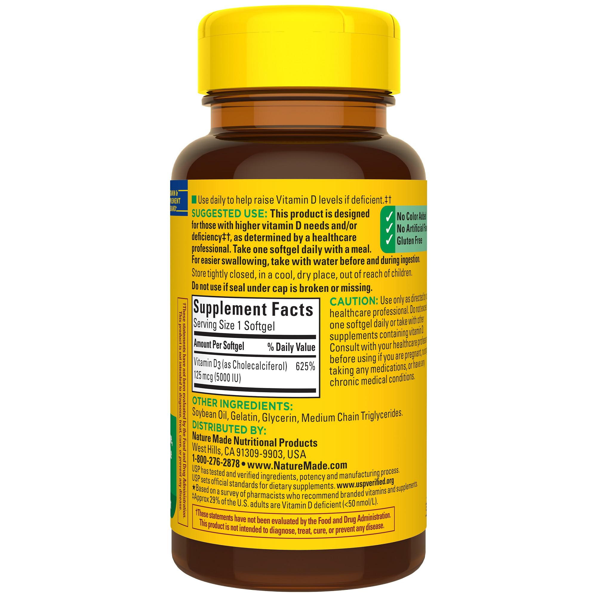 Nature Made Vitamin D3 5000 IU softgels in routine setup for adults