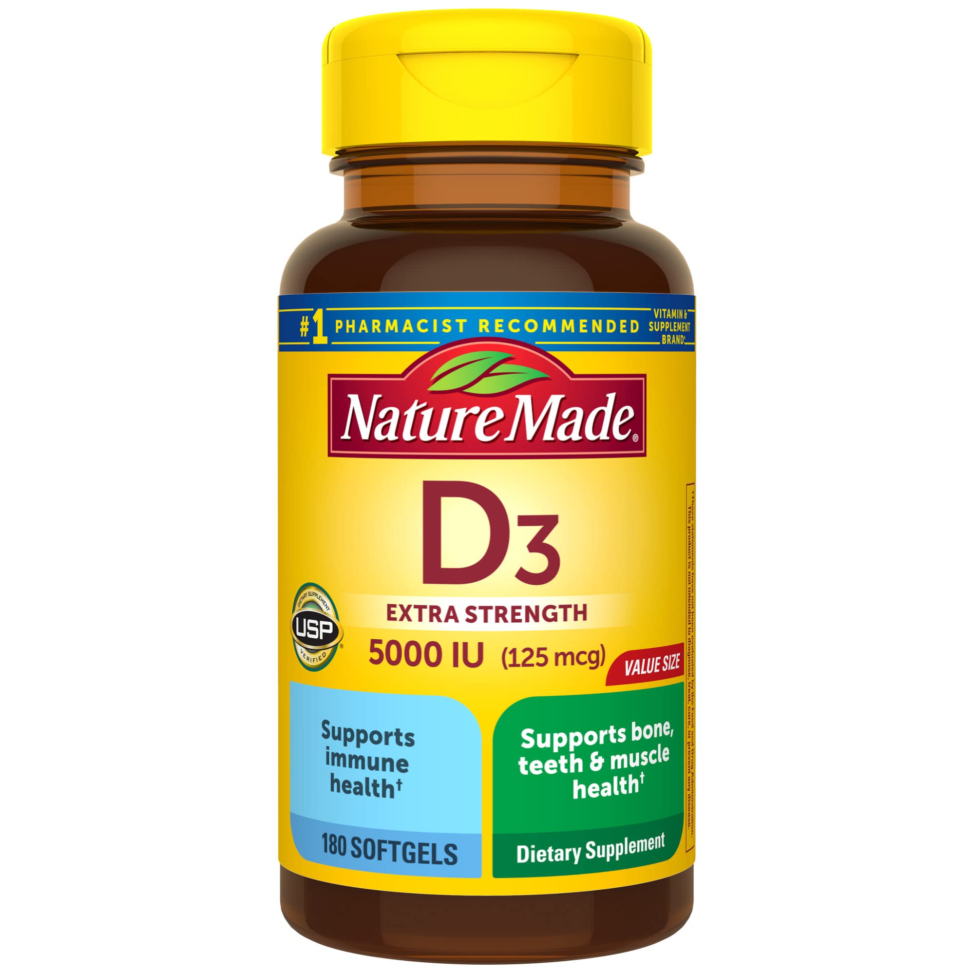 Nature Made Vitamin D3 5000 IU softgels bottle front supports daily immune and bone health.