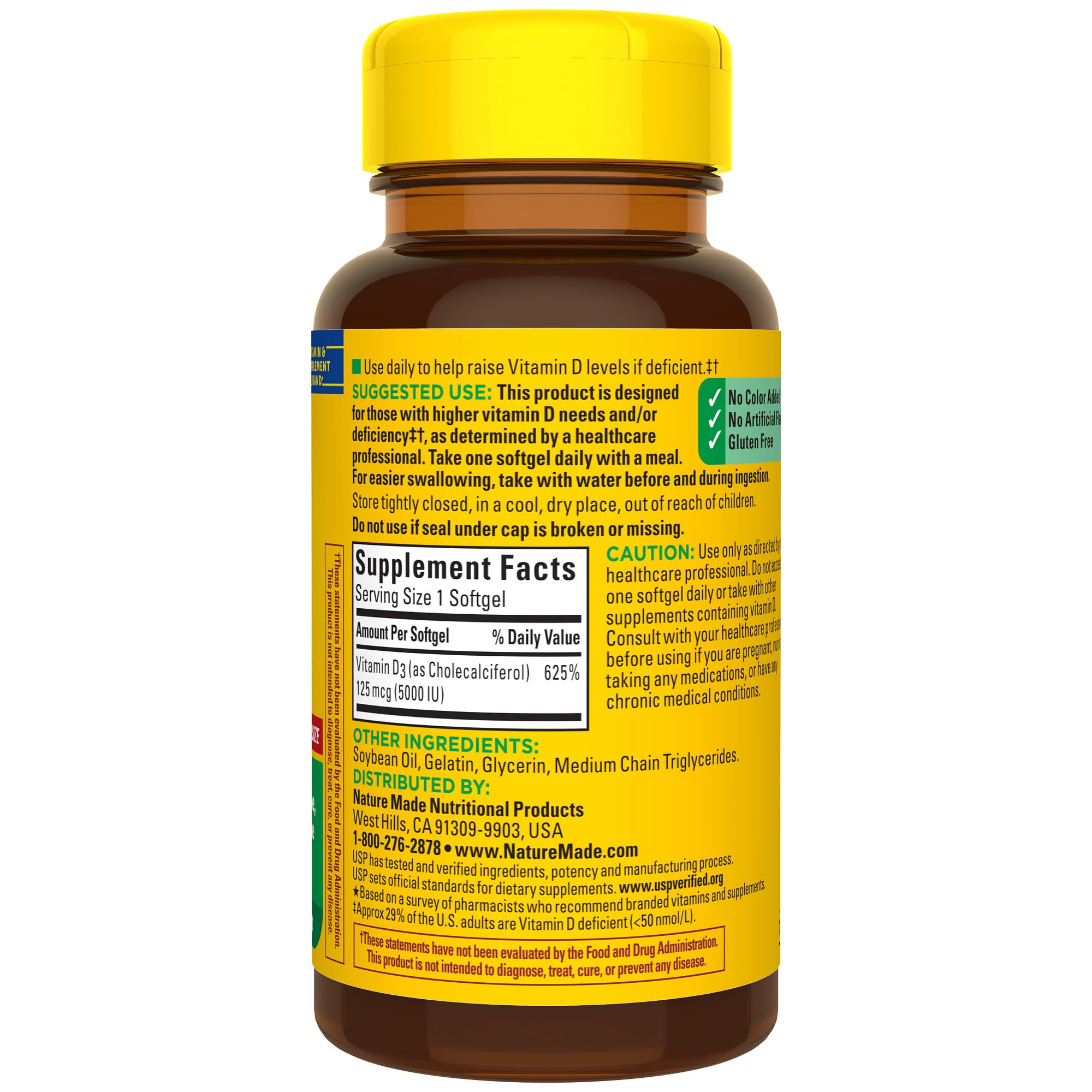 Nature Made Vitamin D3 5000 IU softgels label detail emphasizes ingredients and verification.