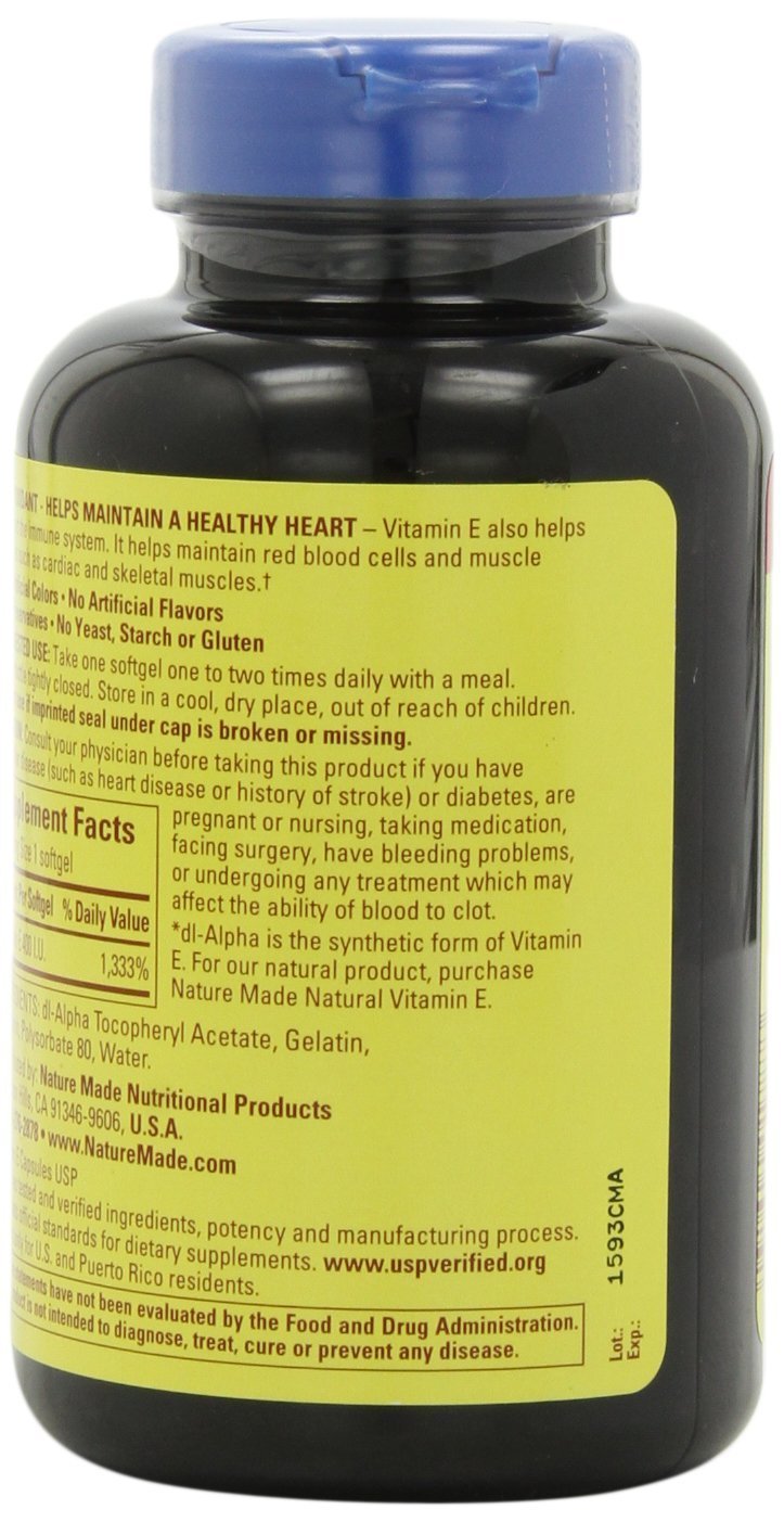 Nature Made Vitamin E 400IU label closeup showing dosage and product information
