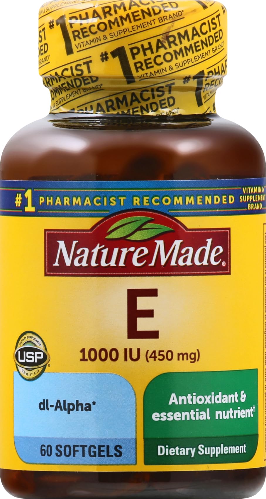 Nature Made Vitamin E 450 mg (1000 IU) dl-Alpha Softgels bottle, 60 softgels