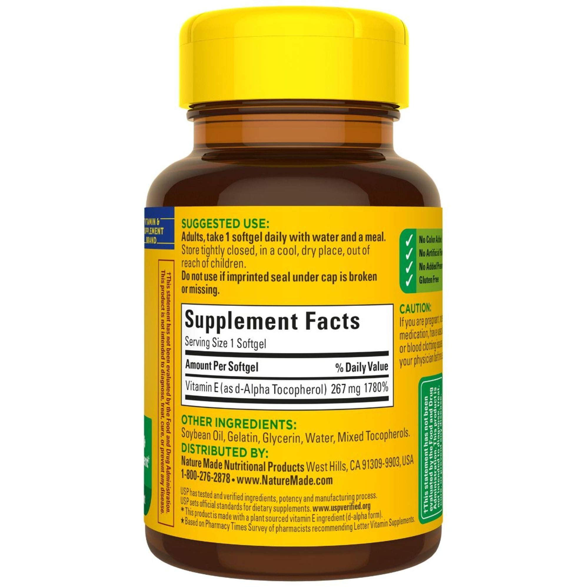 USP verification stamp on Nature Made Vitamin E bottle