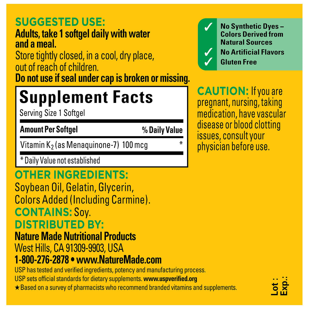 Nature Made USP Verified seal on Vitamin K2 package.