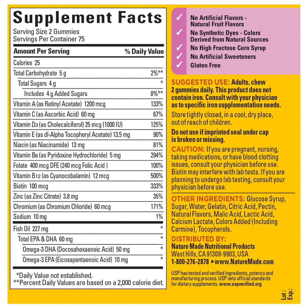 Nutrition facts panel for Nature Made multivitamin with Omega-3