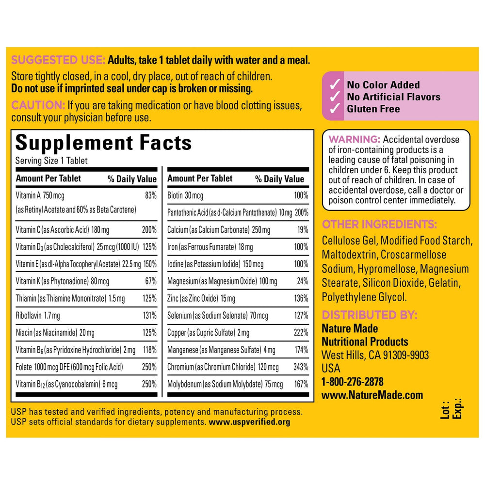 Bottle with Nature Made Women's Multivitamin label close-up