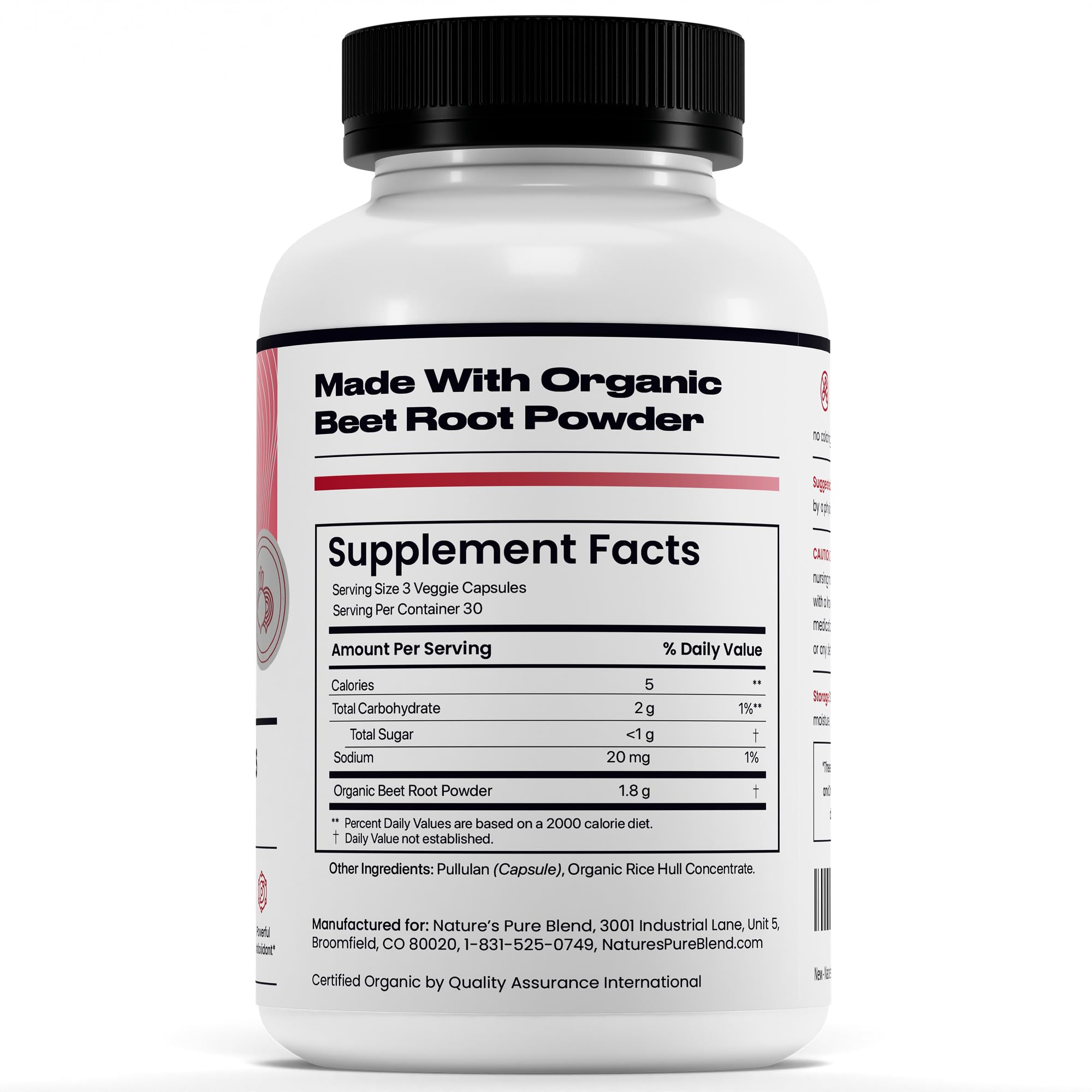 Supplement facts label for Nature's Pure Blend beet root capsules