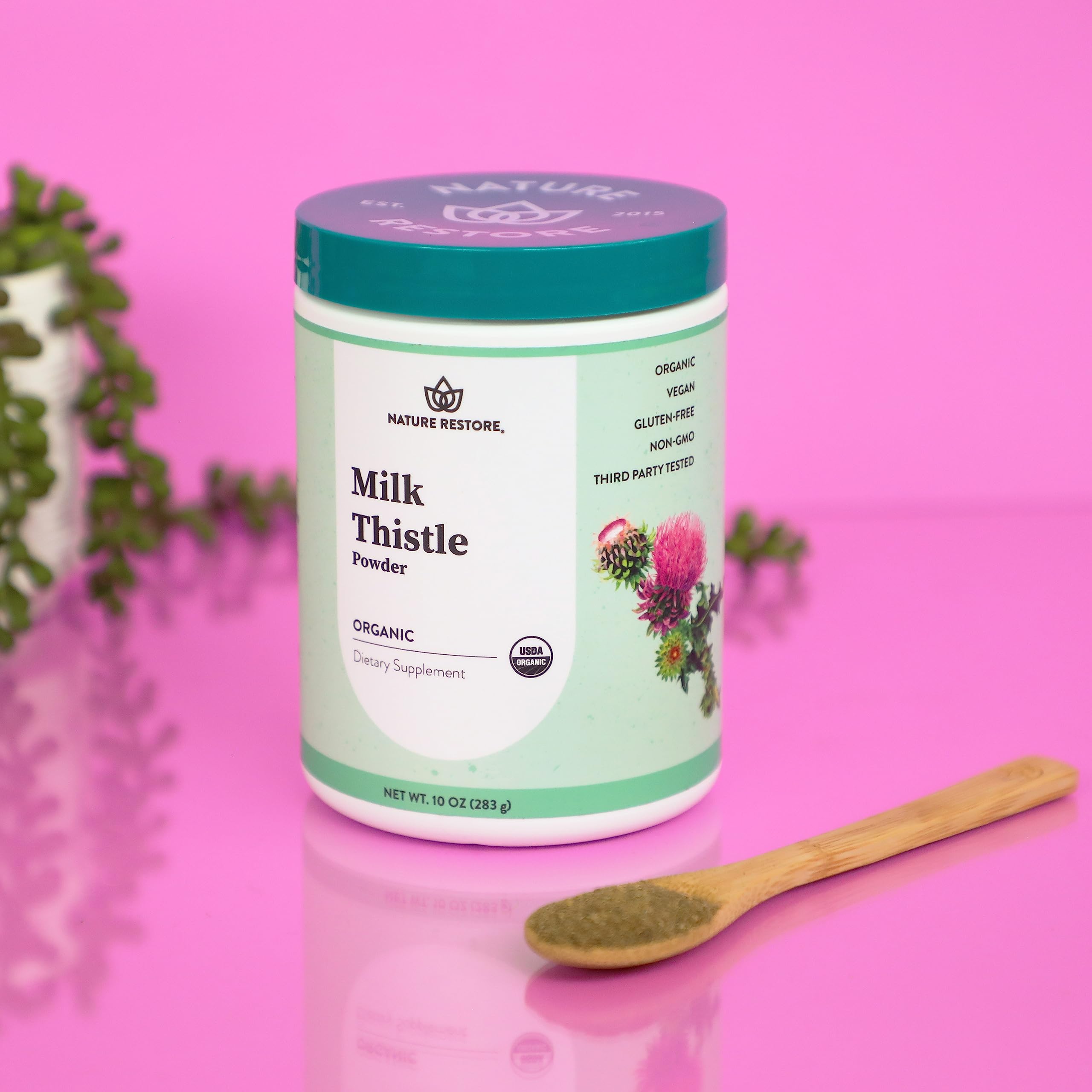 Close-up of jar label for USDA Organic Milk Thistle Seed Powder