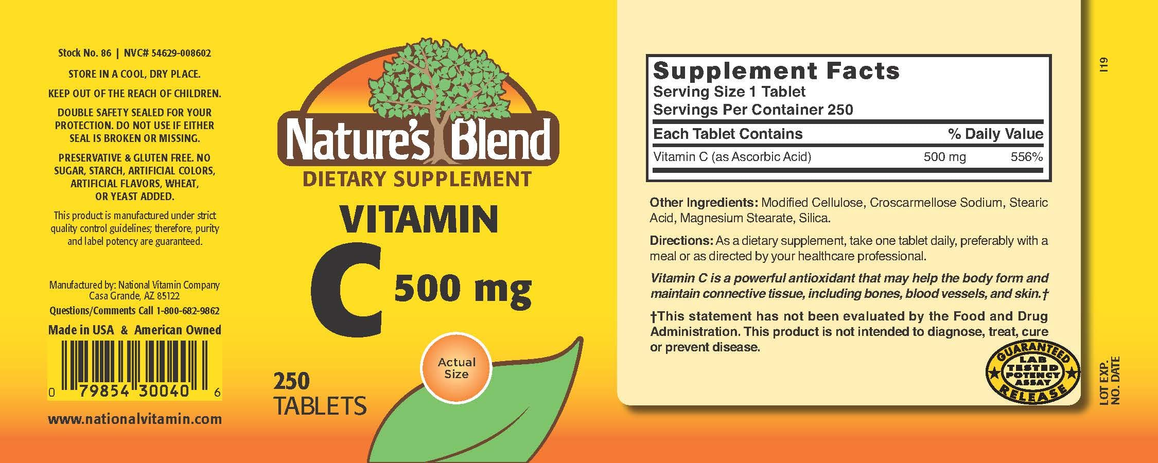 Close-up of a Vitamin C 500 mg tablet from Nature's Blend