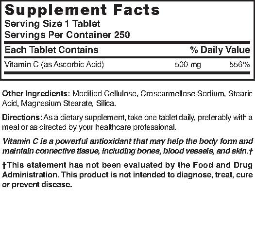 Box packaging of Nature's Blend Vitamin C 500 mg 250 tablets