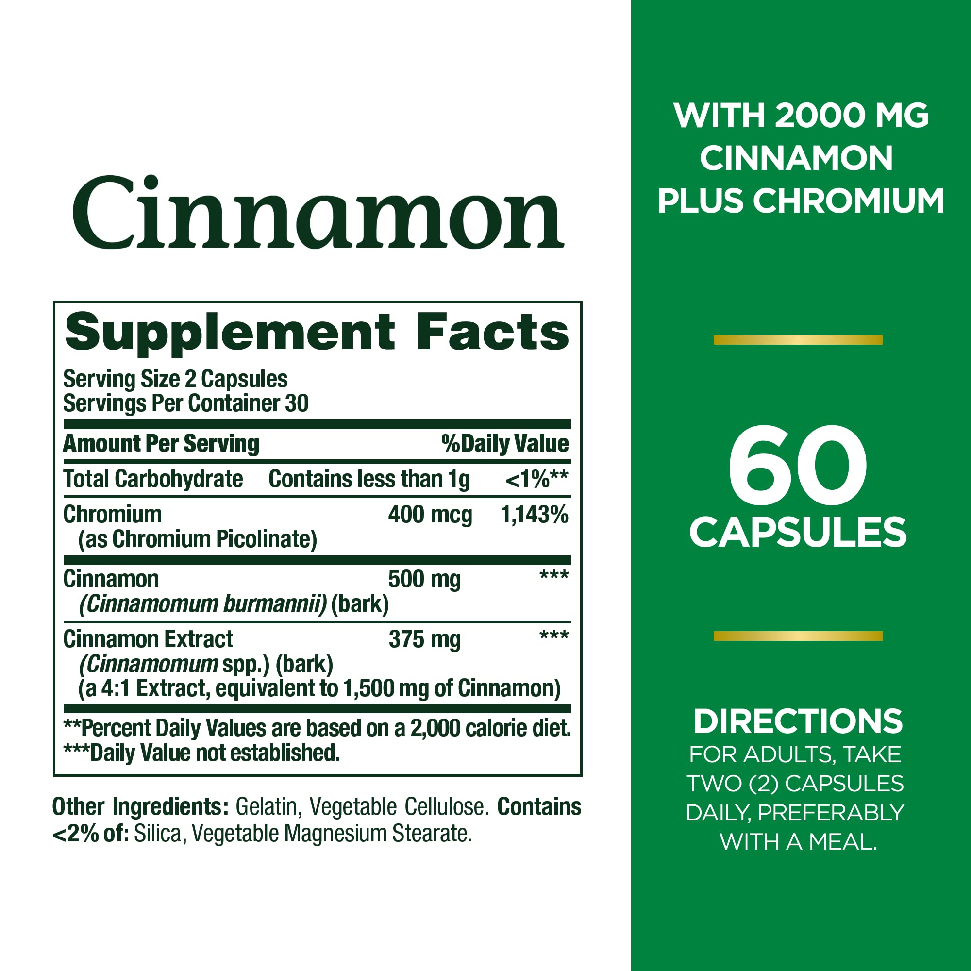 Close-up of Nature's Bounty Cinnamon 2000 mg Plus Chromium packaging