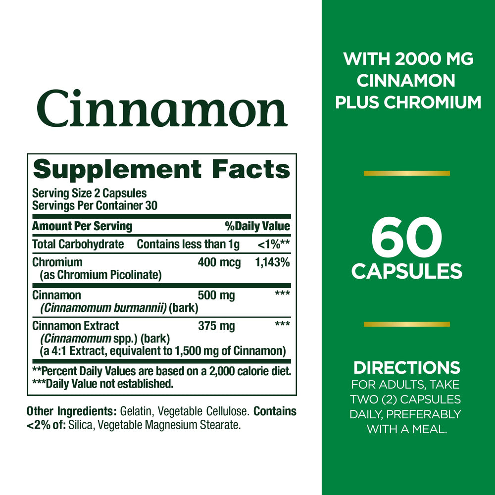 Close-up of Nature's Bounty Cinnamon 2000 mg Plus Chromium packaging