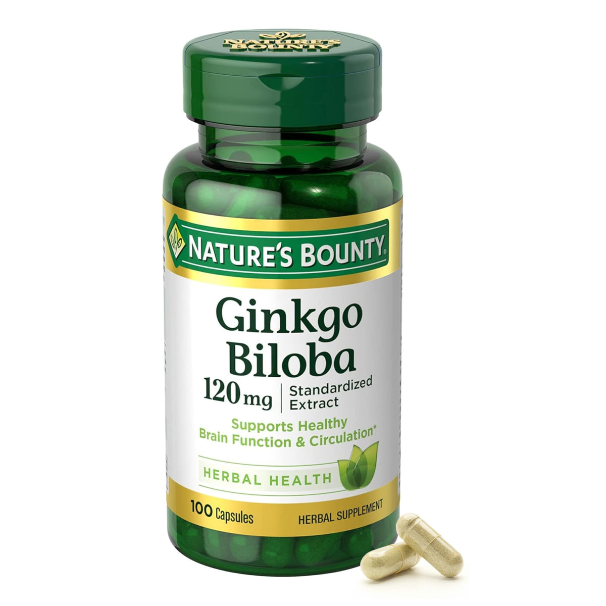 Nature's Bounty Ginkgo Biloba 120 mg bottle with capsules