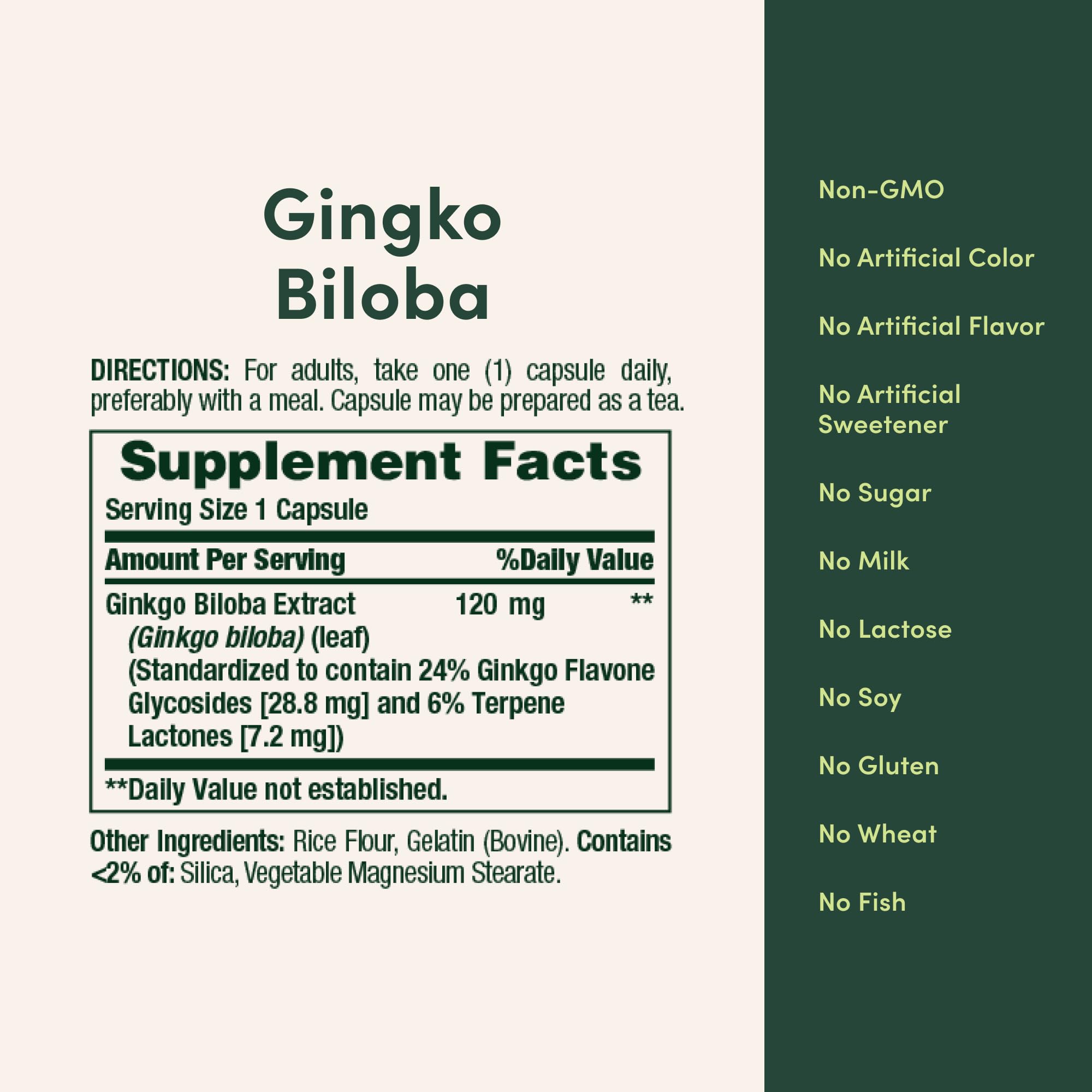 Supplement facts panel for Nature's Bounty Ginkgo Biloba 120 mg