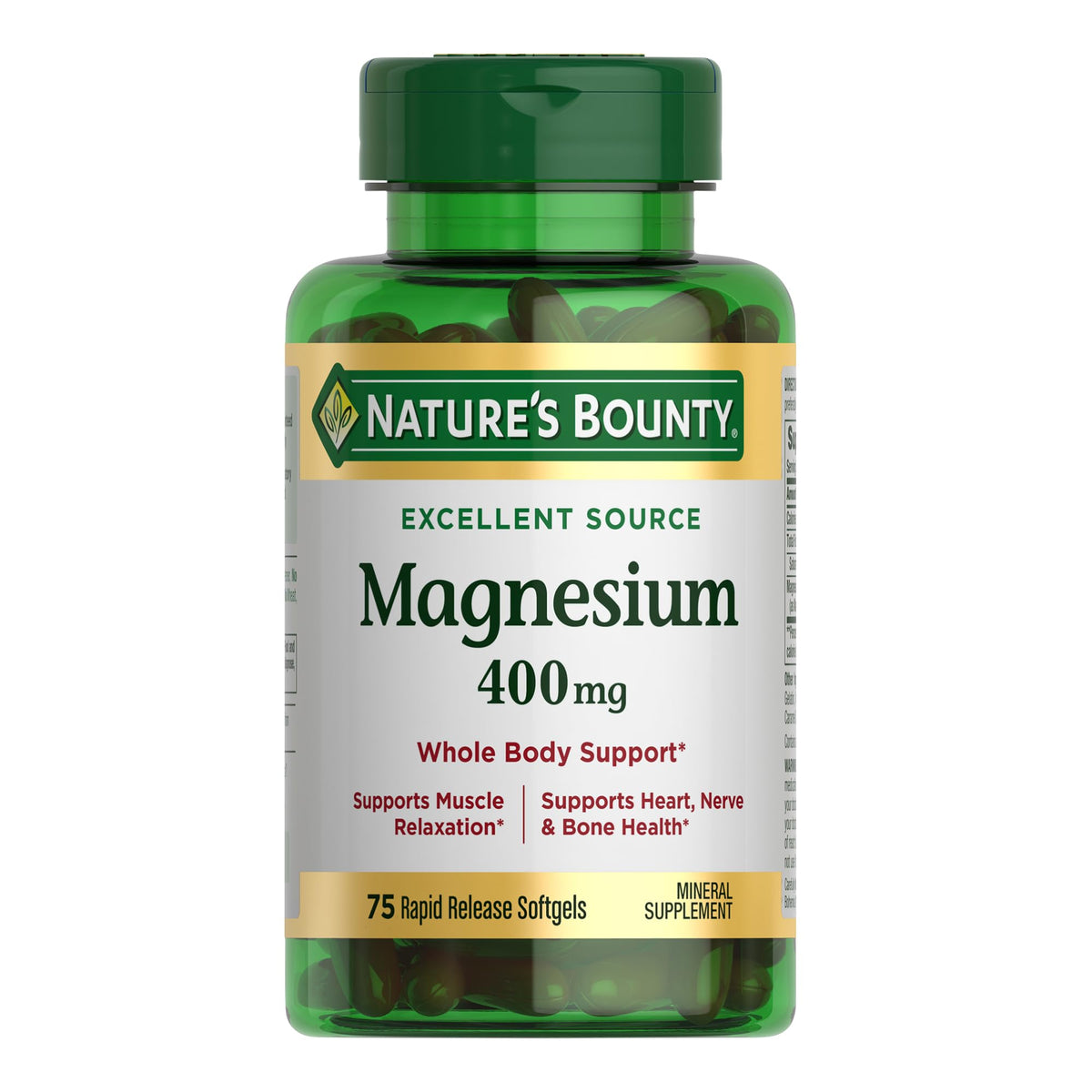 Nature's Bounty Magnesium 400 mg softgel bottle with 75 softgels