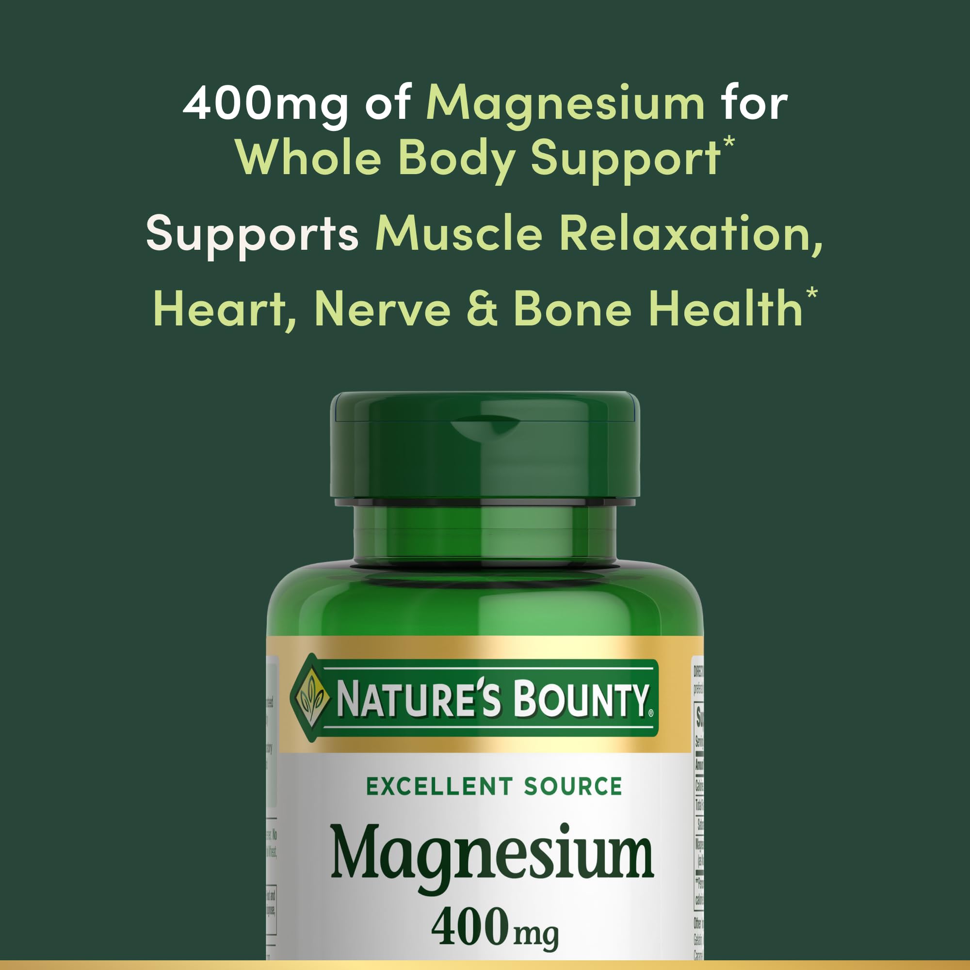 Supplement facts showing magnesium oxide 400 mg per softgel
