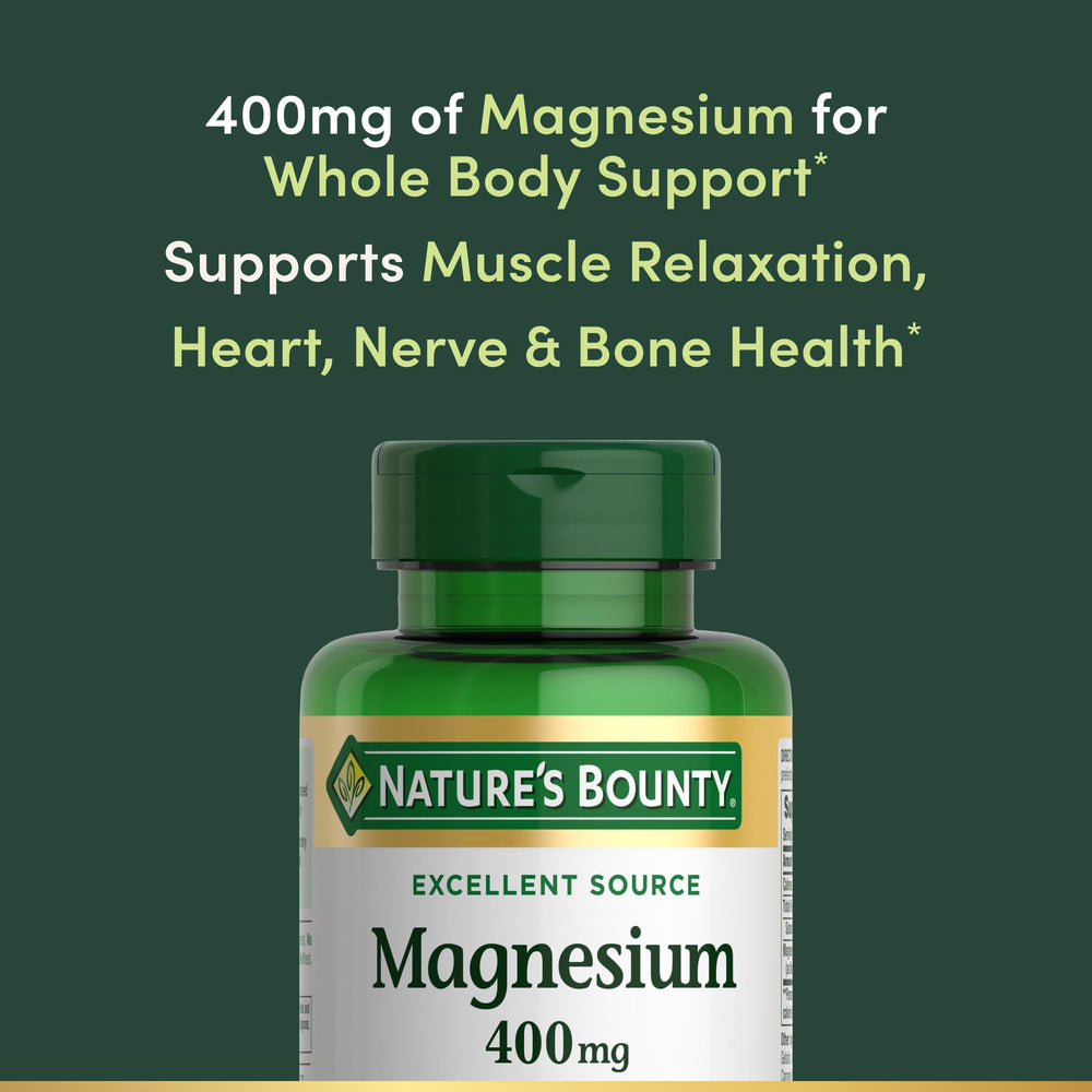 Supplement facts showing magnesium oxide 400 mg per softgel