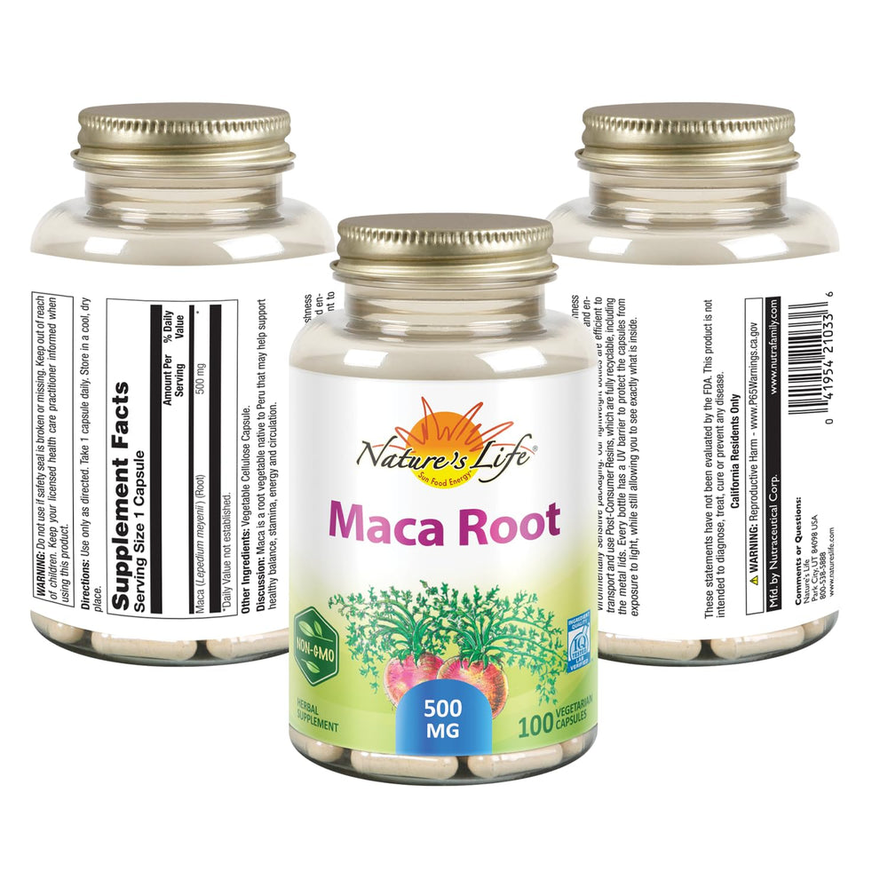 Close-up of Nature's Life Maca Root 500mg capsules