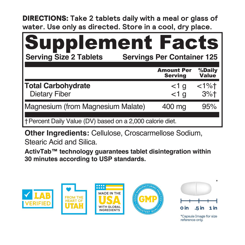 Close-up of 200 mg magnesium malate tablet