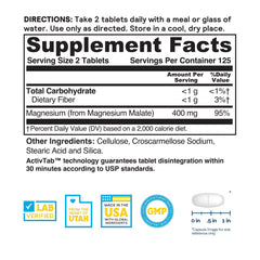 Close-up of 200 mg magnesium malate tablet