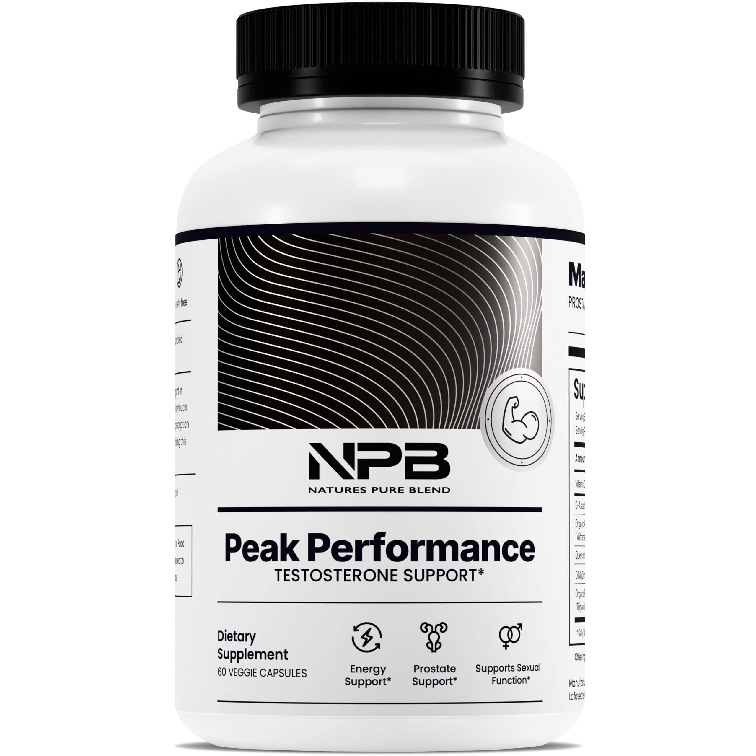 Nature's Pure Blend Peak Performance bottle with capsules supports daily testosterone support for active men.
