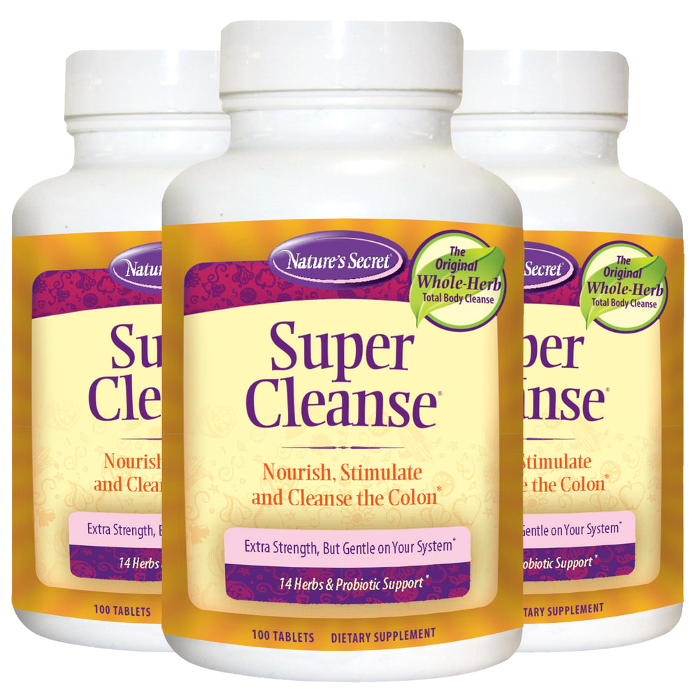 Nature's Secret Super Cleanse bottle front shows a deep, natural detox blend for gut health.