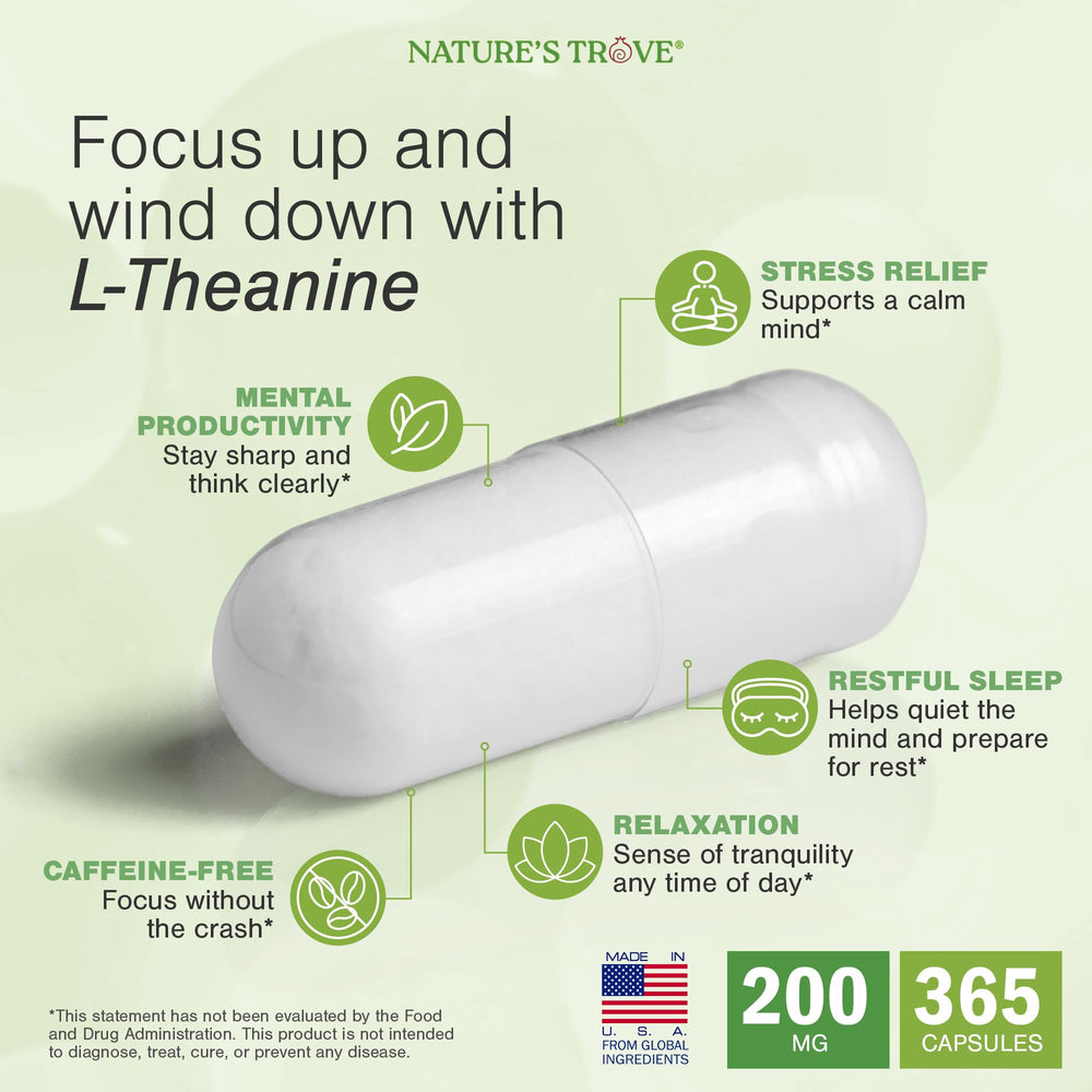 Nature's Trove L-Theanine 200mg packaging box on display