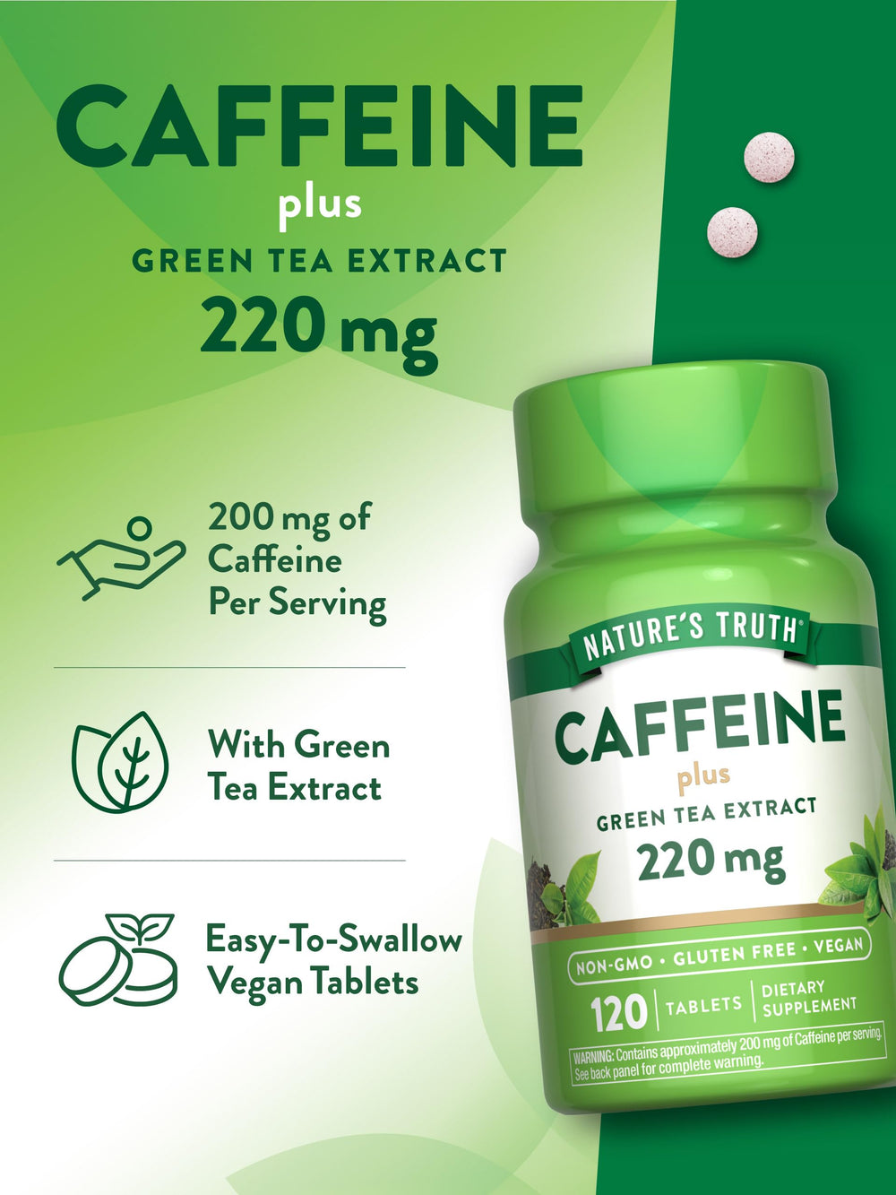 Nutrition facts on Nature's Truth Caffeine Pills bottle