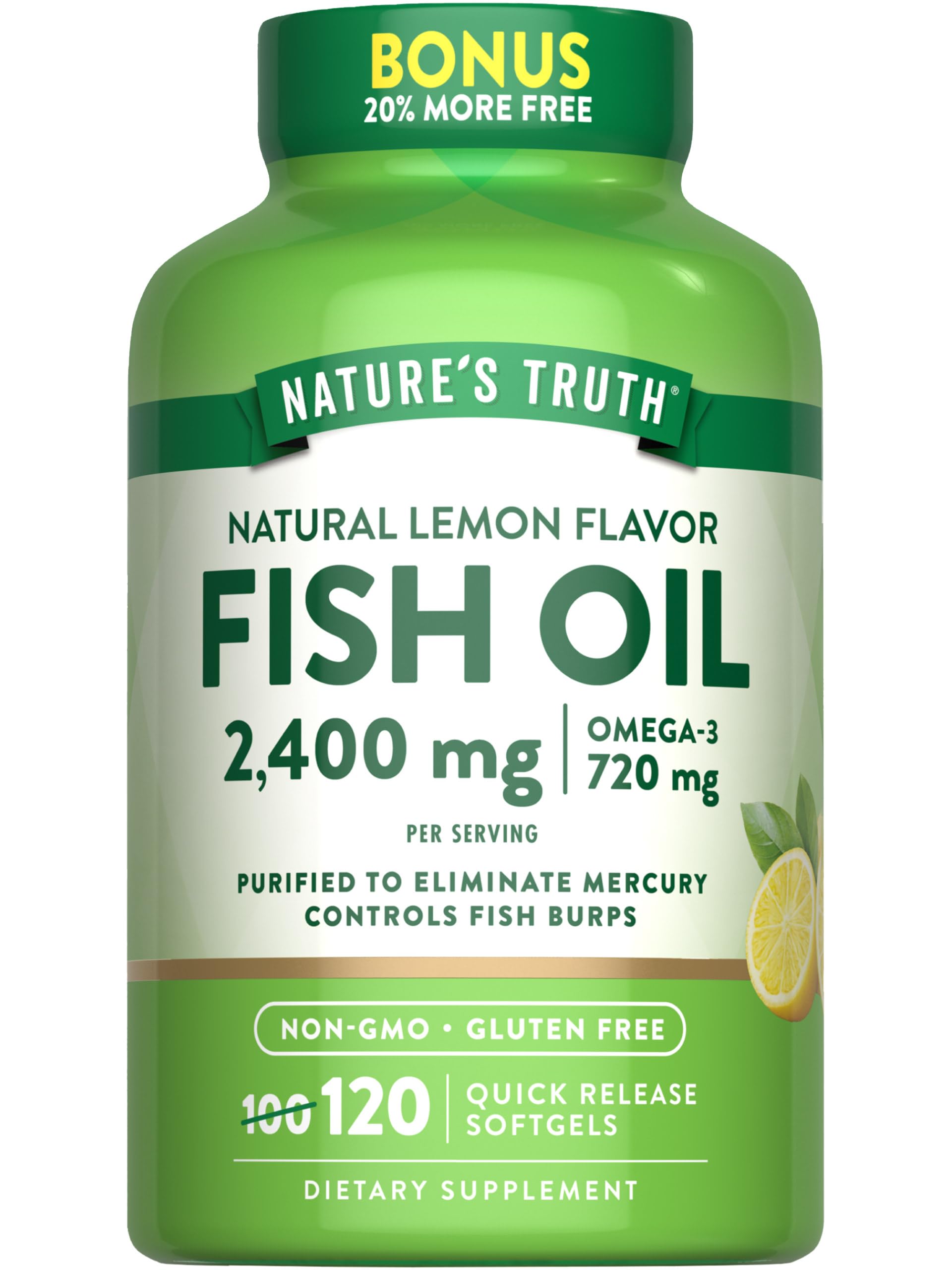 Front view of Nature's Truth Fish Oil 2400mg lemon burpless softgels