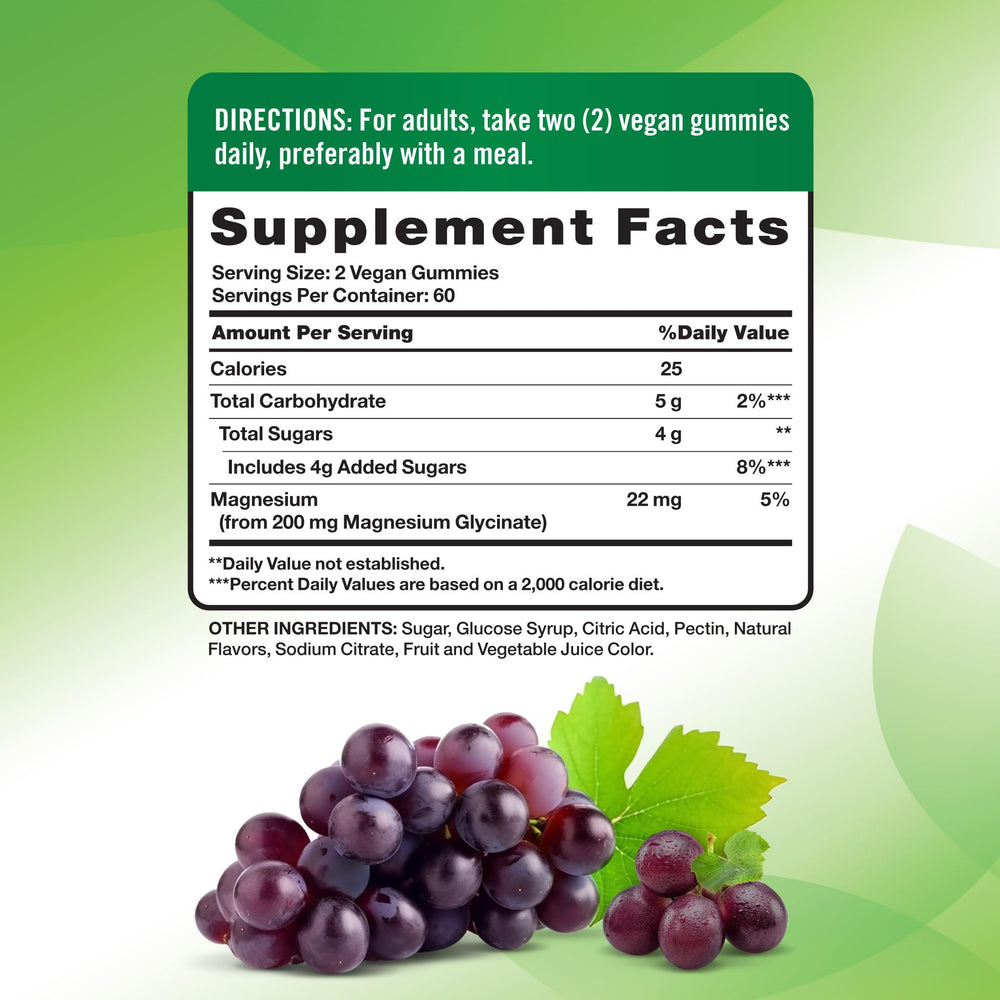 Bottle label showing 200 mg magnesium glycinate and grape flavor