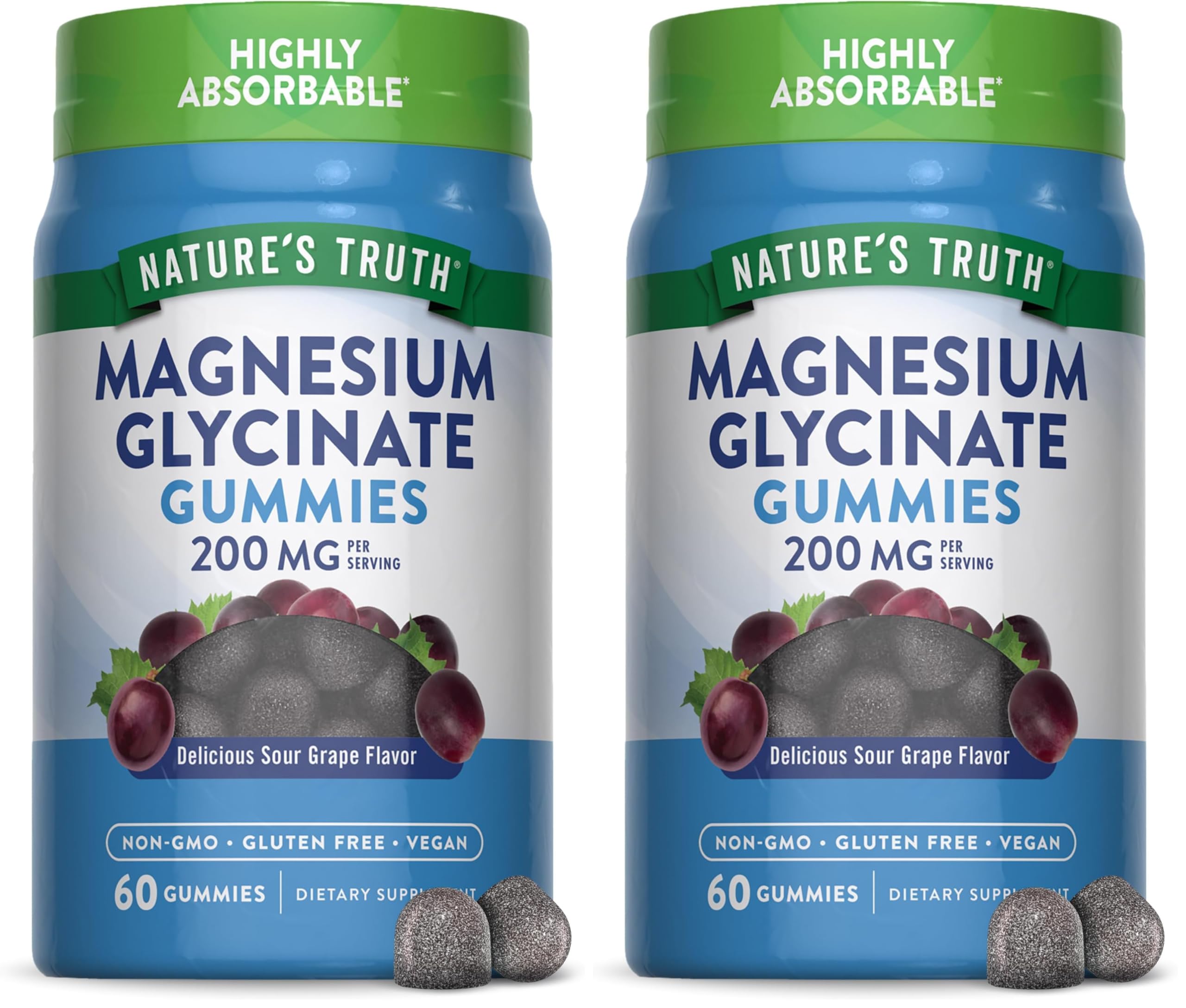 Front view of Nature's Truth Magnesium Glycinate Gummies bottle, grape flavor