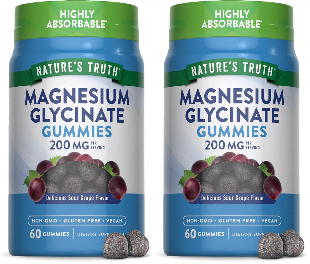 Front view of Nature's Truth Magnesium Glycinate Gummies bottle, grape flavor