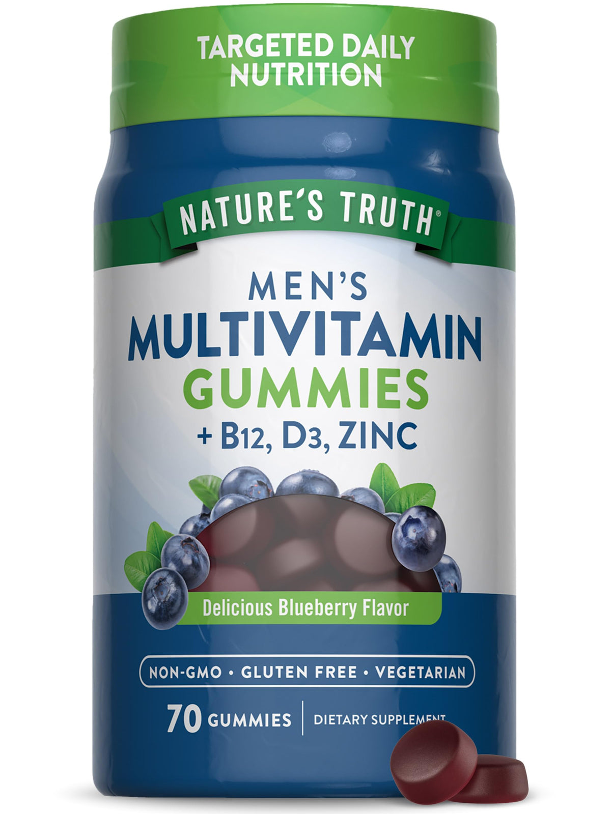 Front view of Nature's Truth multivitamin for men gummies bottle in blueberry flavor